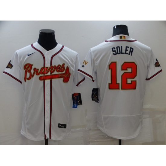 Men's Atlanta Braves 12 Jorge Soler White 2022 Gold Program Authentic Player Jersey