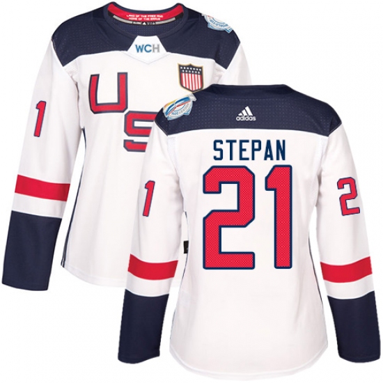 Women's Adidas Team USA 21 Derek Stepan Premier White Home 2016 World Cup Hockey Jersey