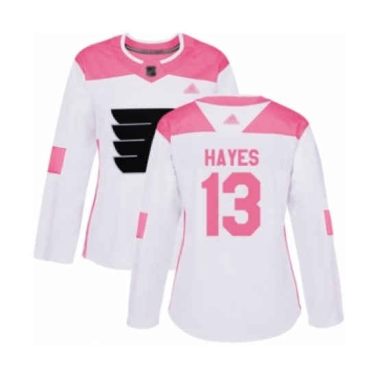 Women's Philadelphia Flyers 13 Kevin Hayes Authentic White Pink Fashion Hockey Jersey