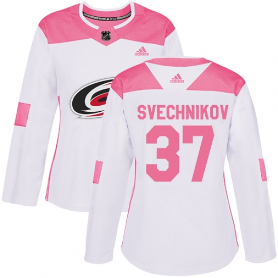 Women's Adidas Carolina Hurricanes 37 Andrei Svechnikov Authentic White Pink Fashion NHL Jersey