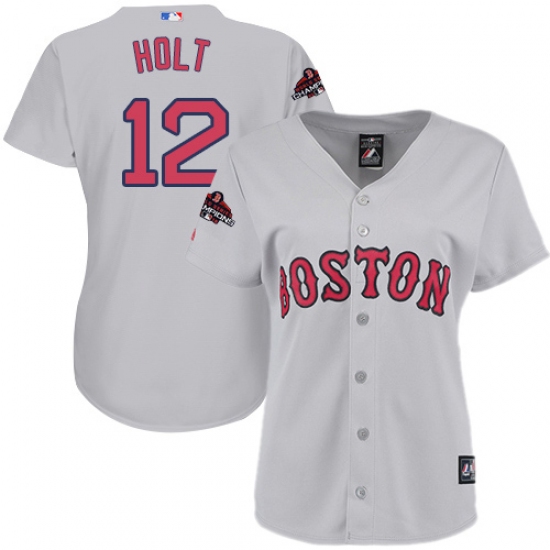 Women's Majestic Boston Red Sox 12 Brock Holt Authentic Grey Road 2018 World Series Champions MLB Jersey