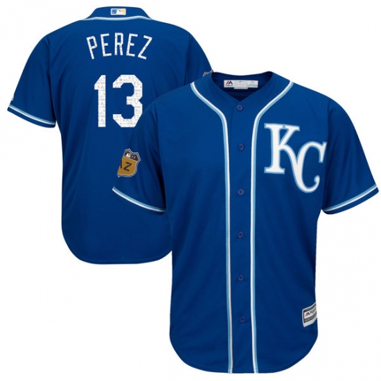 Youth Majestic Kansas City Royals 13 Salvador Perez Authentic Royal Blue 2017 Spring Training Cool Base MLB Jersey