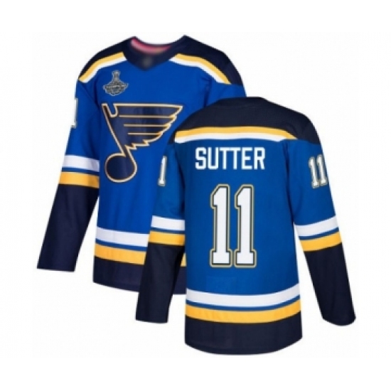 Men's St. Louis Blues 11 Brian Sutter Authentic Royal Blue Home 2019 Stanley Cup Champions Hockey Jersey