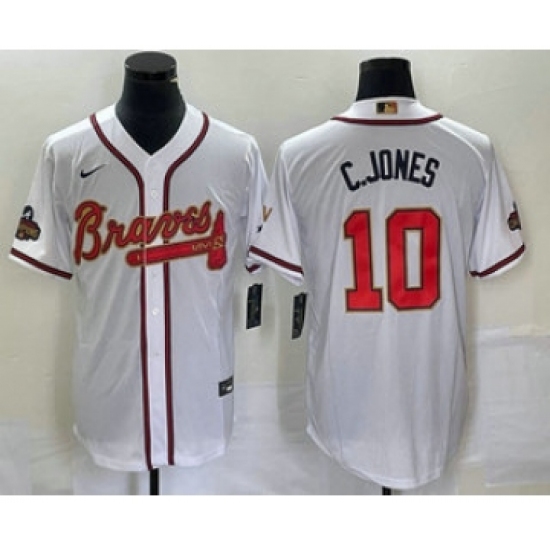 Men's Atlanta Braves 10 Chipper Jones 2022 White Gold World Series Champions Program Cool Base Stitched Baseball Jersey