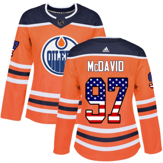 Women's Adidas Edmonton Oilers 97 Connor McDavid Authentic Orange USA Flag Fashion NHL Jersey