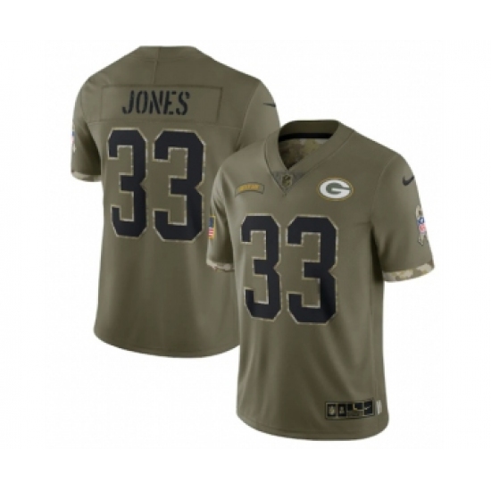 Men's Green Bay Packers 33 Aaron Jones 2022 Olive Salute To Service Limited Stitched Jersey