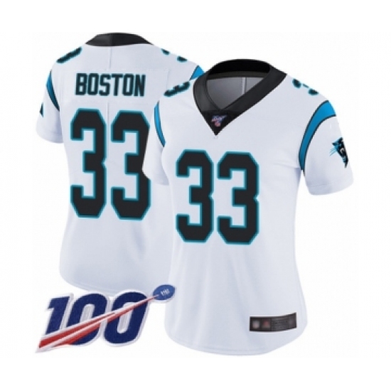 Women's Carolina Panthers 33 Tre Boston White Vapor Untouchable Limited Player 100th Season Football Jersey