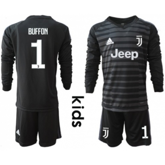 Juventus 1 Buffon Black Goalkeeper Long Sleeves Kid Soccer Club Jersey