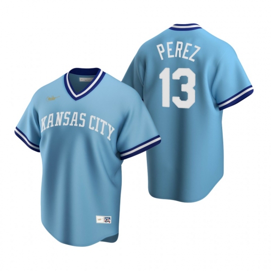 Men's Nike Kansas City Royals 13 Salvador Perez Light Blue Cooperstown Collection Road Stitched Baseball Jersey