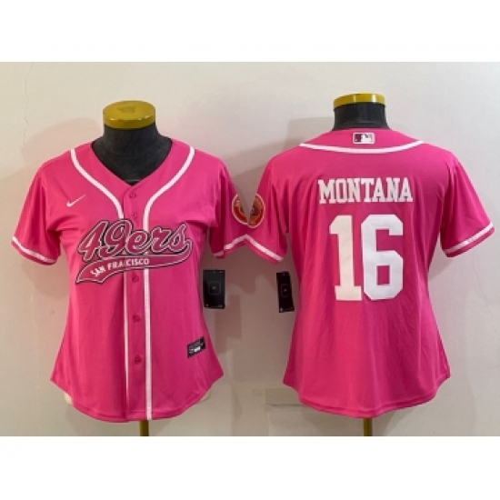 Women's San Francisco 49ers 16 Joe Montana Pink With Patch Cool Base Stitched Baseball Jersey