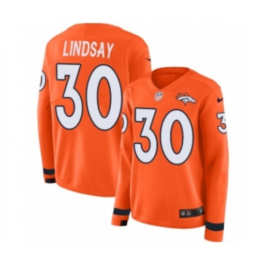 Women's Nike Denver Broncos 30 Phillip Lindsay Limited Orange Therma Long Sleeve NFL Jersey