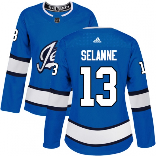 Women's Adidas Winnipeg Jets 13 Teemu Selanne Authentic Blue Alternate NHL Jersey