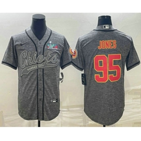 Men's Kansas City Chiefs 95 Chris Jones Grey With Super Bowl LVII Patch Cool Base Stitched Baseball Jersey