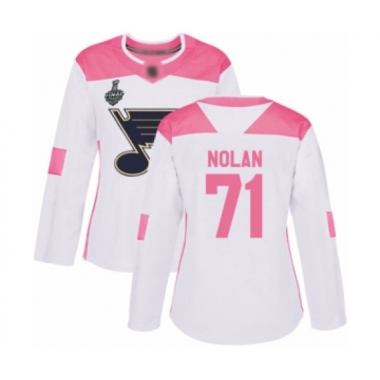 Women's St. Louis Blues 71 Jordan Nolan Authentic White Pink Fashion 2019 Stanley Cup Final Bound Hockey Jersey