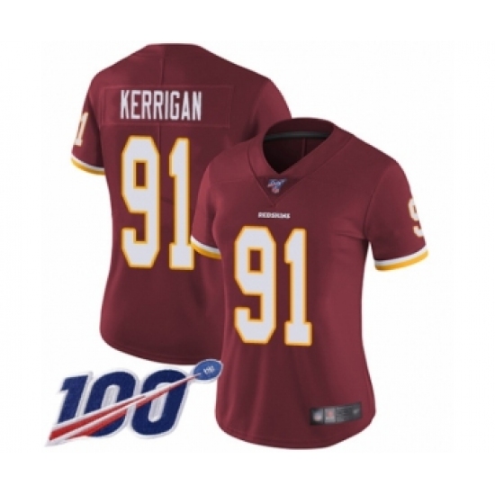 Women's Washington Redskins 91 Ryan Kerrigan Burgundy Red Team Color Vapor Untouchable Limited Player 100th Season Football Jersey