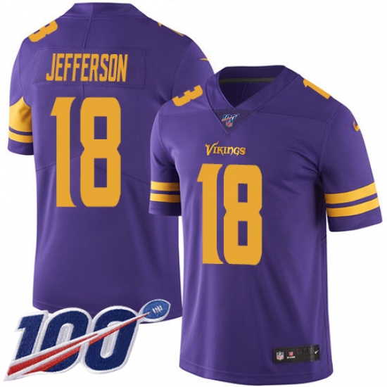 Youth Minnesota Vikings 18 Justin Jefferson Purple Stitched NFL Limited Rush 100th Season Jersey