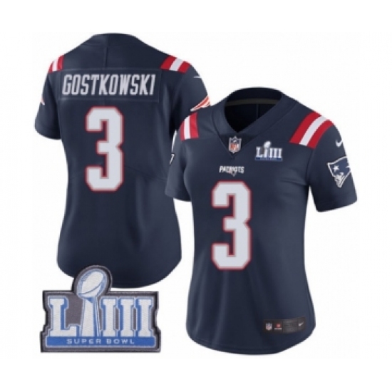 Women's Nike New England Patriots 3 Stephen Gostkowski Limited Navy Blue Rush Vapor Untouchable Super Bowl LIII Bound NFL Jersey