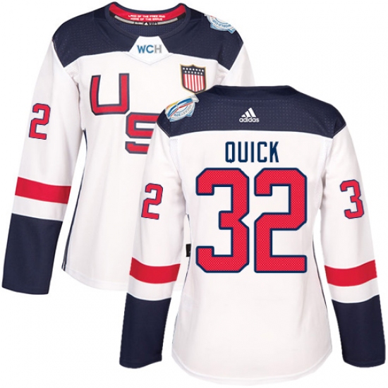 Women's Adidas Team USA 32 Jonathan Quick Authentic White Home 2016 World Cup Hockey Jersey