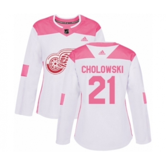 Women's Adidas Detroit Red Wings 21 Dennis Cholowski Authentic White Pink Fashion NHL Jersey