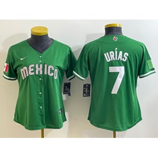 Women's Mexico Baseball 7 Julio Urias Number 2023 Green World Classic Stitched Jersey5
