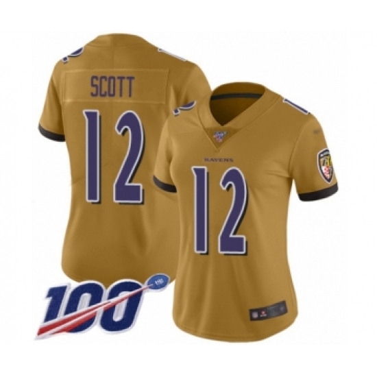 Women's Baltimore Ravens 12 Jaleel Scott Limited Gold Inverted Legend 100th Season Football Jersey