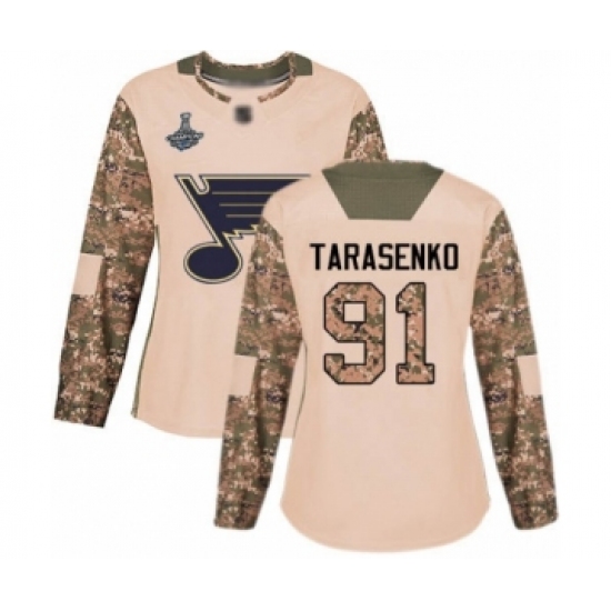 Women's St. Louis Blues 91 Vladimir Tarasenko Authentic Camo Veterans Day Practice 2019 Stanley Cup Champions Hockey Jersey