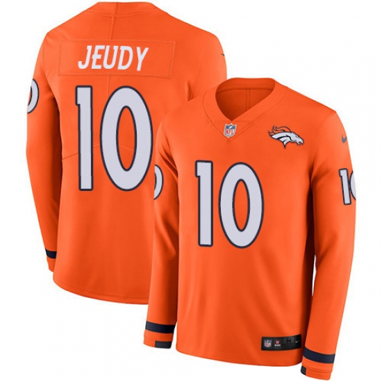 Men's Denver Broncos 10 Jerry Jeudy Orange Team Color Stitched Limited Therma Long Sleeve Jersey