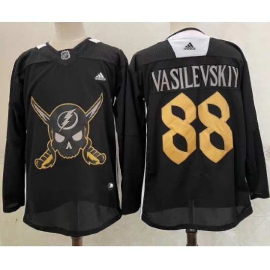 Men's Tampa Bay Lightning 88 Andrei Vasilevskiy Black Pirate Themed Warmup Authentic Jersey