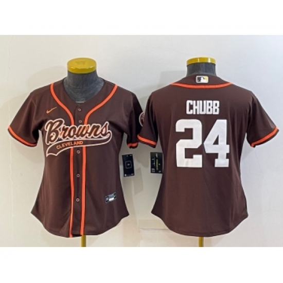 Women's Cleveland Browns 24 Nick Chubb Brown With Patch Cool Base Stitched Baseball Jersey