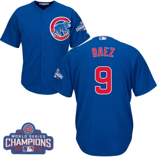 Youth Majestic Chicago Cubs 9 Javier Baez Authentic Royal Blue Alternate 2016 World Series Champions Cool Base MLB Jersey