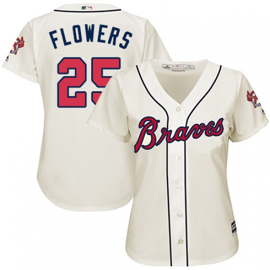 Women's Majestic Atlanta Braves 25 Tyler Flowers Authentic Cream Alternate 2 Cool Base MLB Jersey