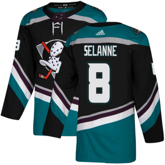 Men's Adidas Anaheim Ducks 8 Teemu Selanne Authentic Black Teal Third NHL Jersey