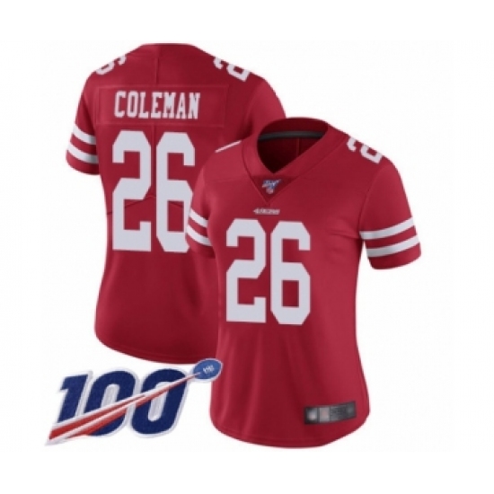 Women's San Francisco 49ers 26 Tevin Coleman Red Team Color Vapor Untouchable Limited Player 100th Season Football Jersey