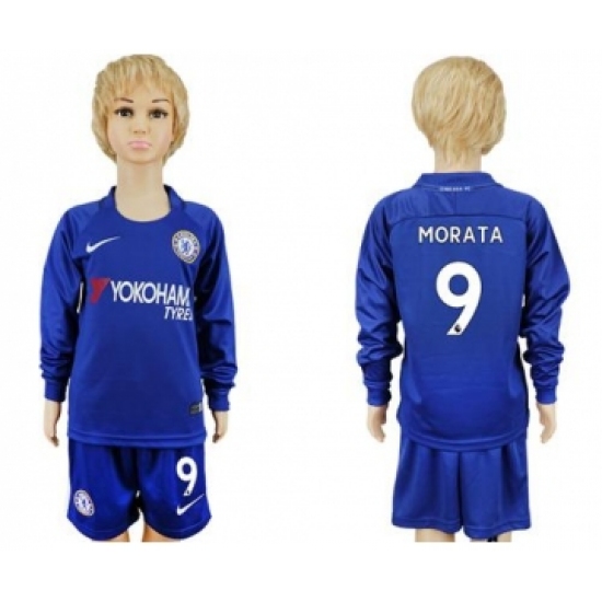 Chelsea 9 Morata Home Long Sleeves Kid Soccer Club Jersey