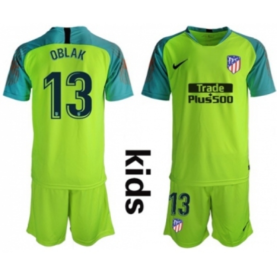 Atletico Madrid 13 Oblak Shiny Green Goalkeeper Kid Soccer Club Jersey