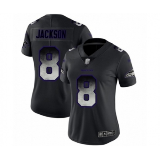 Women's Baltimore Ravens 8 Lamar Jackson Limited Black Smoke Fashion Football Jersey