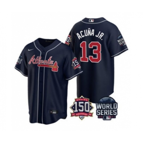 Men's Atlanta Braves 13 Ronald Acuna Jr. 2021 Navy World Series With 150th Anniversary Patch Cool Base Baseball Jersey