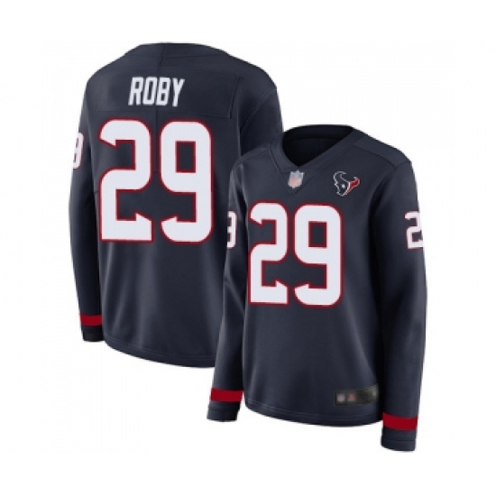 Women's Houston Texans 29 Bradley Roby Limited Navy Blue Therma Long Sleeve Football Jersey