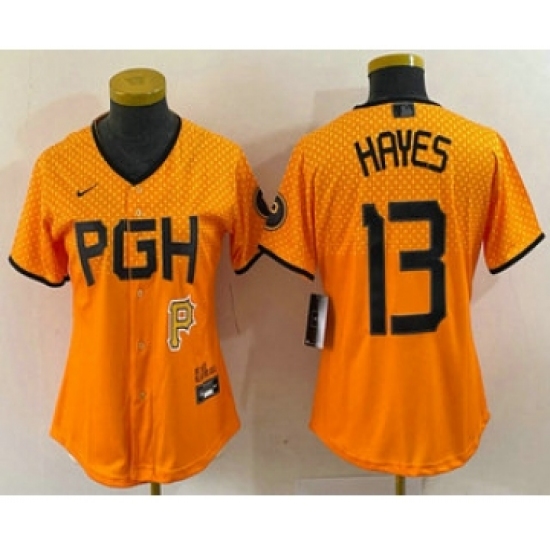 Women's Pittsburgh Pirates 13 KeBryan Hayes Yellow 2023 City Connect Stitched Jersey1