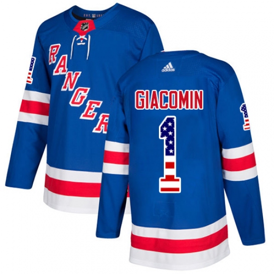 Men's Adidas New York Rangers 1 Eddie Giacomin Authentic Royal Blue USA Flag Fashion NHL Jersey