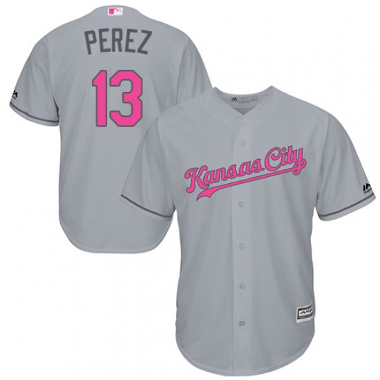 Men's Majestic Kansas City Royals 13 Salvador Perez Replica Grey 2016 Mother's Day Cool Base MLB Jersey