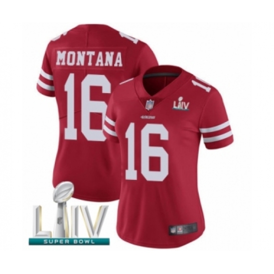 Women's San Francisco 49ers 16 Joe Montana Red Team Color Vapor Untouchable Limited Player Super Bowl LIV Bound Football Jersey