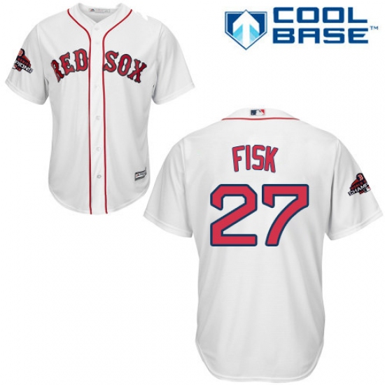 Women's Majestic Boston Red Sox 27 Carlton Fisk Authentic White Home 2018 World Series Champions MLB Jersey