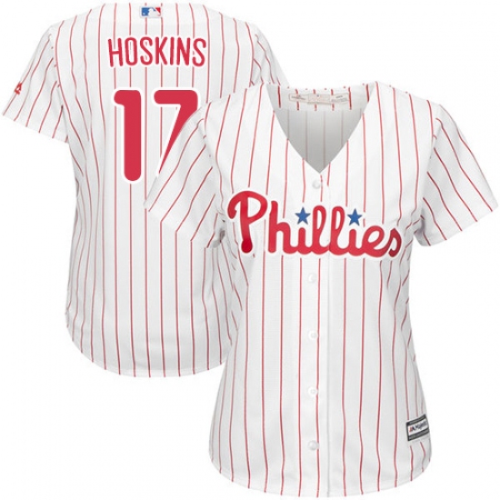 Women's Majestic Philadelphia Phillies 17 Rhys Hoskins Authentic White/Red Strip Home Cool Base MLB Jersey