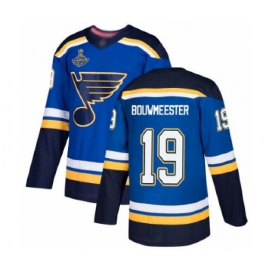 Men's St. Louis Blues 19 Jay Bouwmeester Authentic Royal Blue Home 2019 Stanley Cup Champions Hockey Jersey