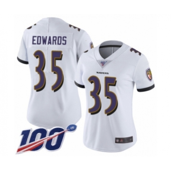 Women's Baltimore Ravens 35 Gus Edwards White Vapor Untouchable Limited Player 100th Season Football Jersey