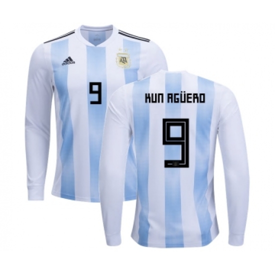 Argentina 9 Kun Aguero Home Long Sleeves Kid Soccer Country Jersey