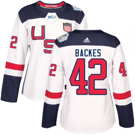 Women's Adidas Team USA 42 David Backes Authentic White Home 2016 World Cup Hockey Jersey