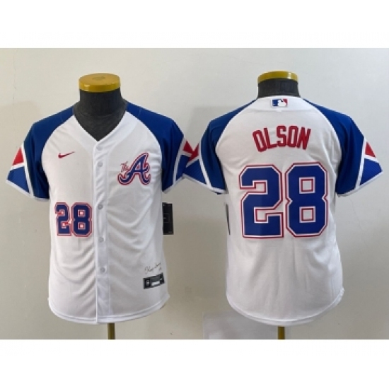 Youth Atlanta Braves 28 Matt Olson Number White 2023 City Connect Cool Base Stitched Jersey1