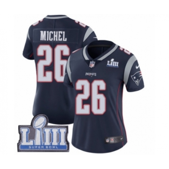 Women's Nike New England Patriots 26 Sony Michel Navy Blue Team Color Vapor Untouchable Limited Player Super Bowl LIII Bound NFL Jersey